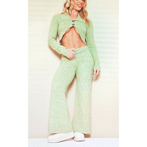 NEW Pretty Little Thing 2 Piece Knit Pant /Crop Top Sweater Moss Green Sz S - Picture 3 of 7